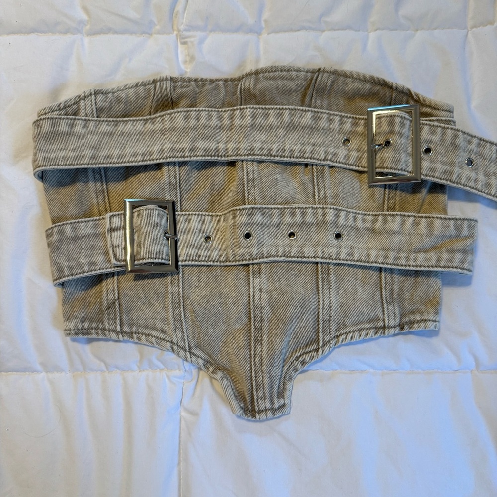 Petite Washed Stone Buckle Detail Denim Corset Top
